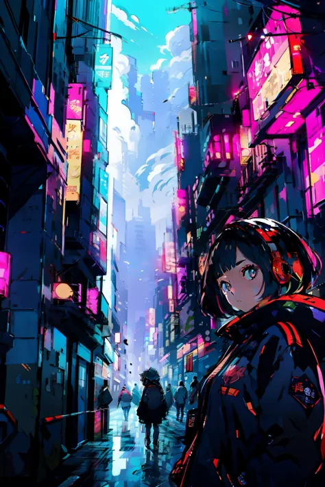 headphones、cinematographic lighting、urban background、neo gal、sanpaku eyes、neon street in the background、black eye、jersey style c...