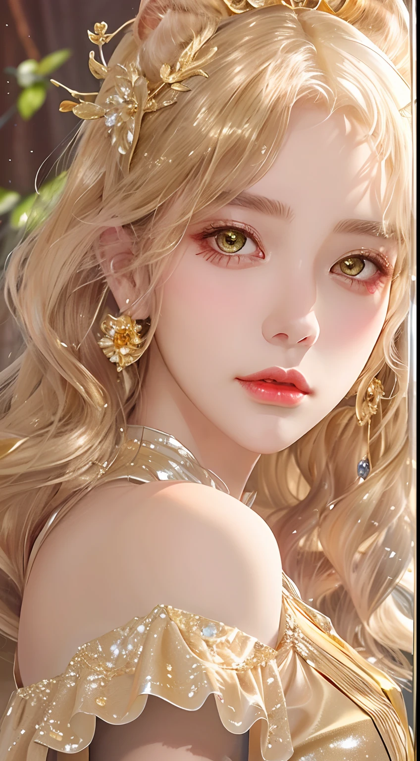The appearance is very attractive, Wear a pair of gold pantyhose，Wearing a golden Lolita dress，Fair and delicate skin，The eyes are a pair of clear and bright gemstone gold，The hair is gemstone golden，waist-high，The whole person exudes a fresh and lovely atmosphere，16 yaers old，Extremely realistic