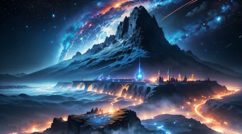 Scifif-Sternenstation auf dem Mond,4K, Blaues Feuer, (((Galaxie))) ,Riesige Stadt,Stadt auf dem Berg,Landschaft