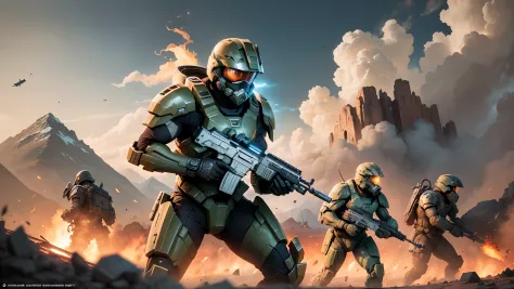 A captivating Halo Reach landscape with a Spartan amidst a battlefield, fallen enemies around, smoke and fire in the background, emphasizing the Spartan's determination and bravery, detailed environment blending chaos and beauty, Illustration, digital art,...