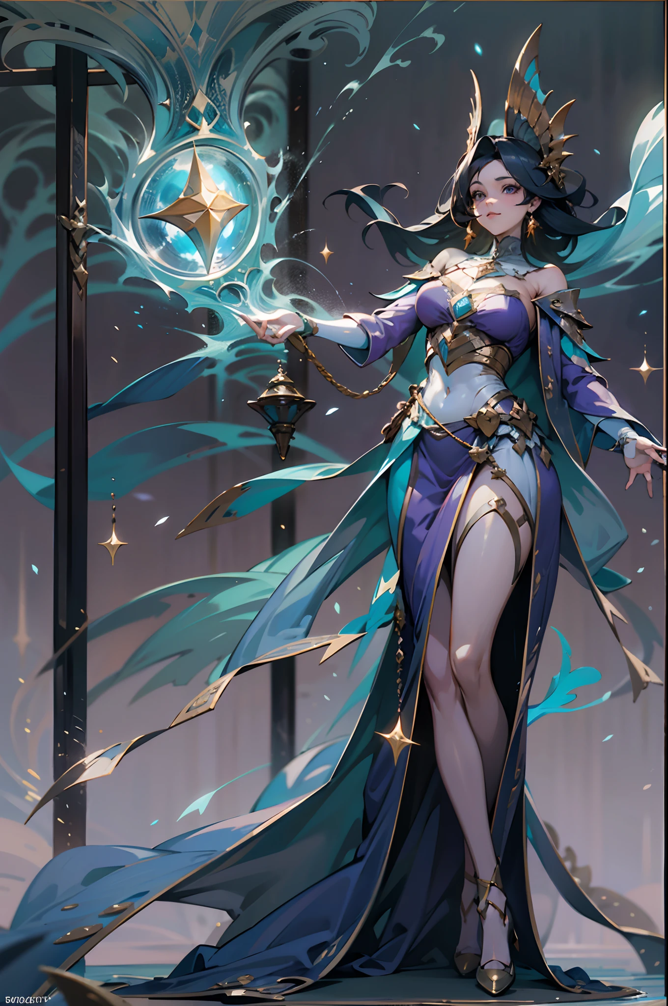 Game character standing drawing design，magestic，Gorgeous purple robes wrapped around the entire body，Holding a stout, Gorgeous staffs set with magical gemstones，Water magic，high-heels，Different layers overlay，Different angles，（full bodyesbian：1.4），solid color backdrop，clean backdrop，depth of fields，high light，Real light，Ray traching，oc rendered，Hyper-realistic，best qualtiy，8K，Works of masters，super-fine，Detailed pubic hair，Correct anatomy