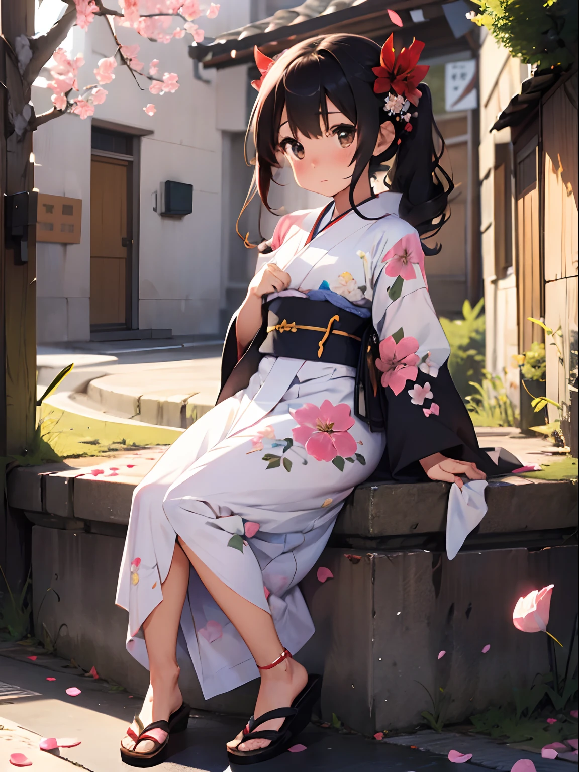 1 chica, solo, Hermoso, lindo, Figura corporal de niña perfecta, kimono, rubor rojo, cuerpo completo, Pétalos de flor, Hermoso background