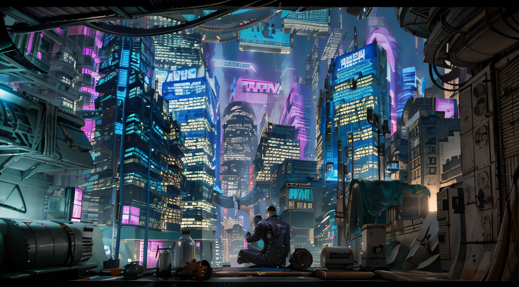 Ville cyberpunk avec un homme au sommet d&#39;un toit surplombant la ville fumant dans une veste transparente avec des néons, 4k