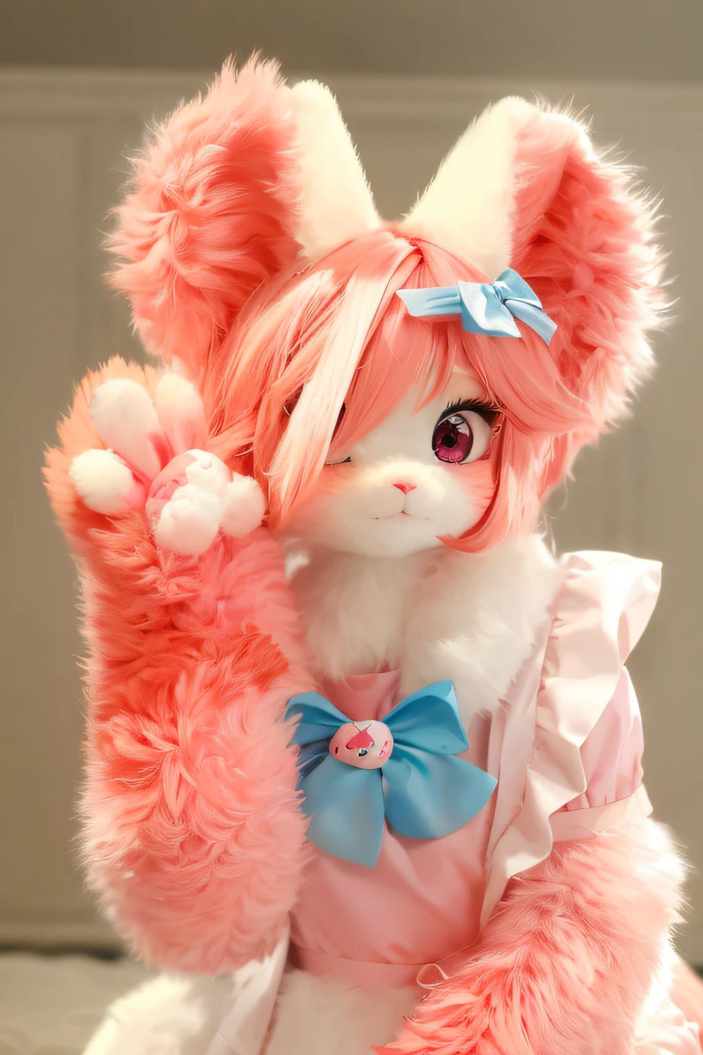 There is a pink and white cat with pink hair and a blue bow - SeaArt AI