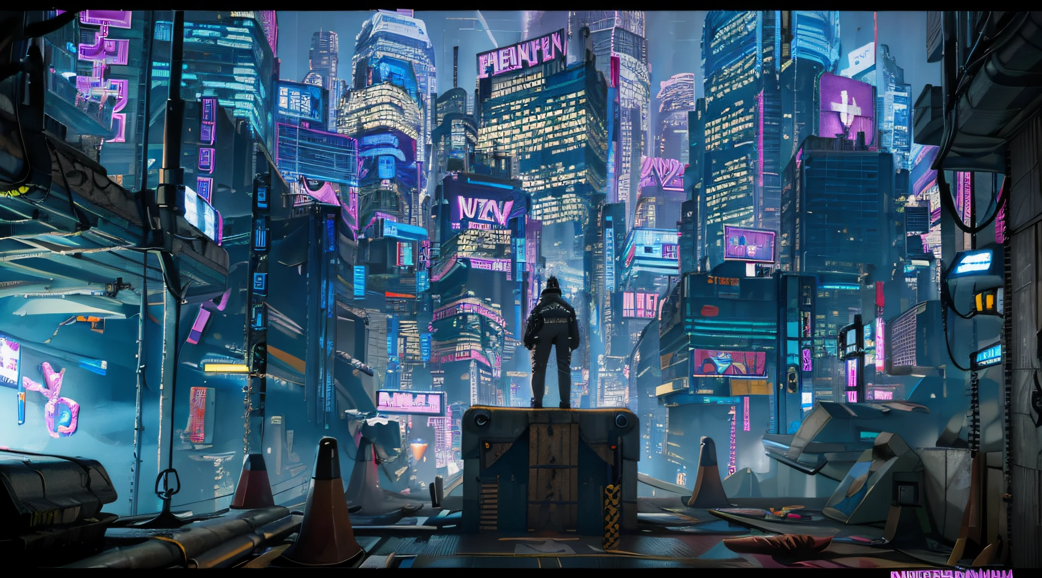 Cyberpunk city, ein Mann auf einem Dach, mit Blick auf die Stadt, Rauchen, trägt eine klare, glänzende Latexjacke, Neonlichter, 4k, Werbung, heruntergekommen,