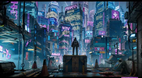 Cyberpunk city, a male on top of a roof, over looking the city, smoking, wearing a clear glossy latex jacket, neon lights, 4k, a...