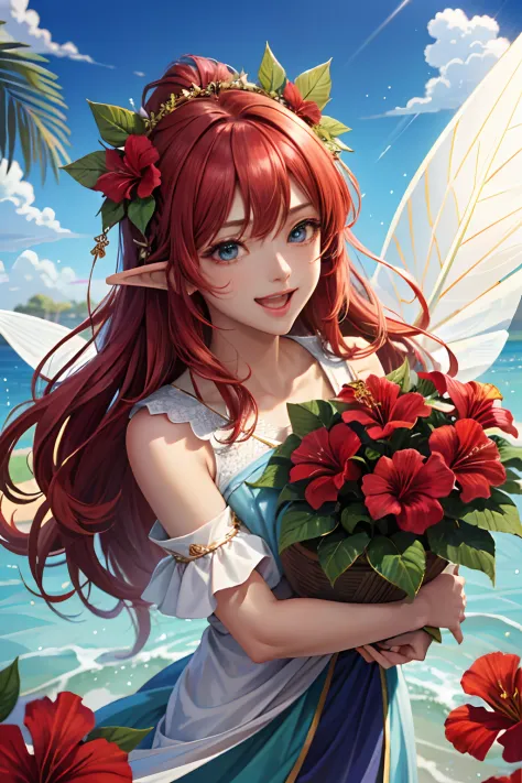 (Face Focus)、(1womanl、独奏、Tanned dark skin、a cool)、(red hairs、The long-haired、Blue eyes、Smile with open mouth)、Hibiscus Fairy、The...