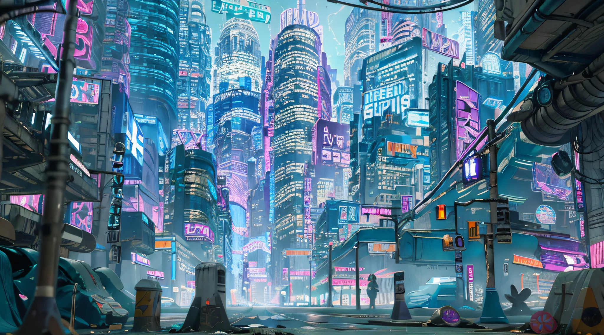 Cyberpunk city, Nahaufnahme riesiger Gebäude, Neonlichter, Werbung, Hologramme, heruntergekommen