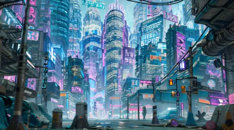 Cyberpunk city, close up giant buildings, neon lights, advertising, holograms, run down
