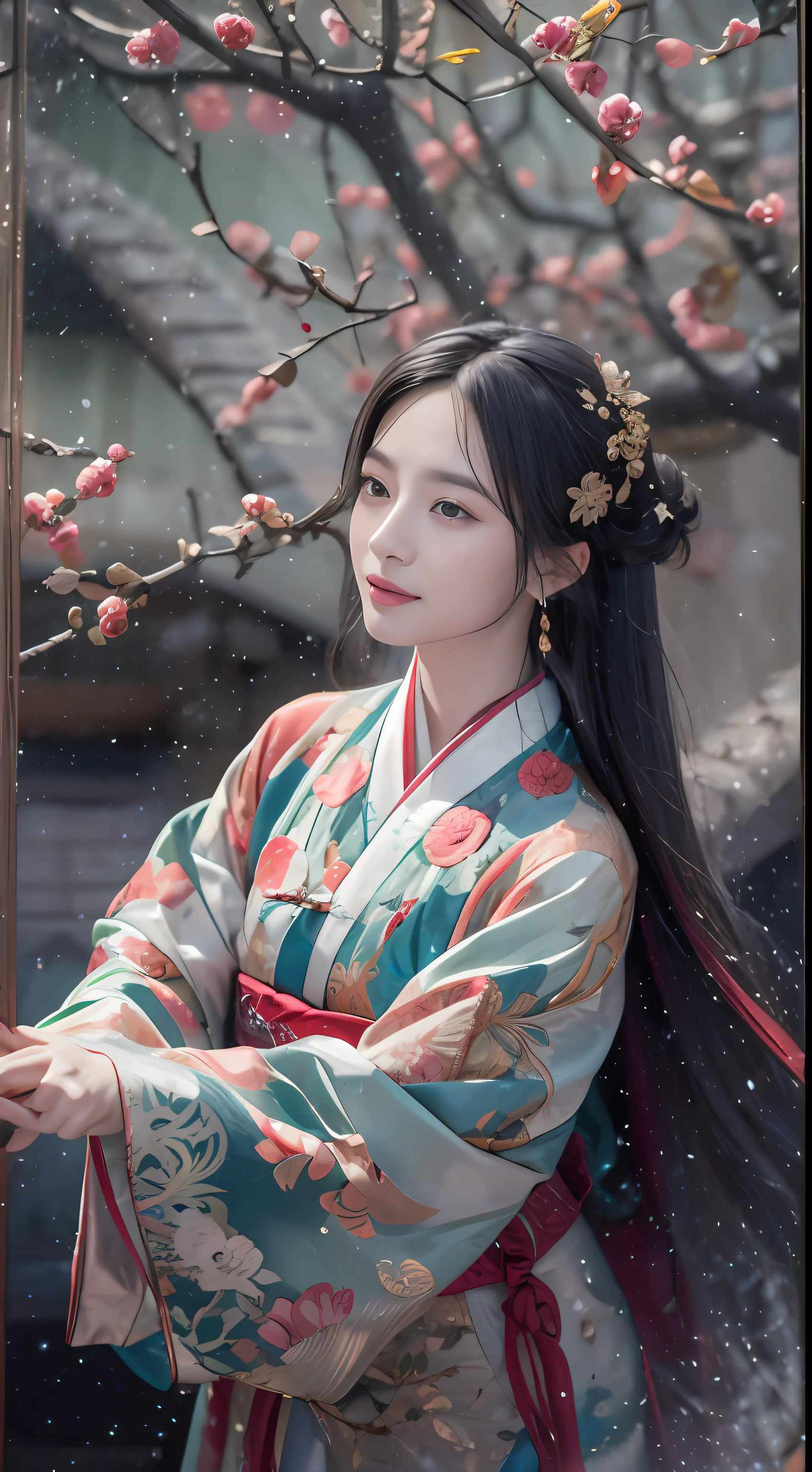 （Blurred foreground：It was snowing heavily：2.0，），（Plum blossoms fly：1.8），（Chinese Song dynasty beauties dancing），（realisticlying，Long flowing black hair，anatomy correct，Korean star face，ssmile，The hands and face are very delicate and clear），（Stand in the middle of a quaint courtyard，Plum tree，Song dynasty winter clothing，Abstract gouache splash：1.2，），（wide angles，Ultra HD details，Masterpiece, hyper HD, Super detail, High details, Best quality, A high resolution, Award-Awarded, 8K），（Chinese premium color scheme，电影灯光）