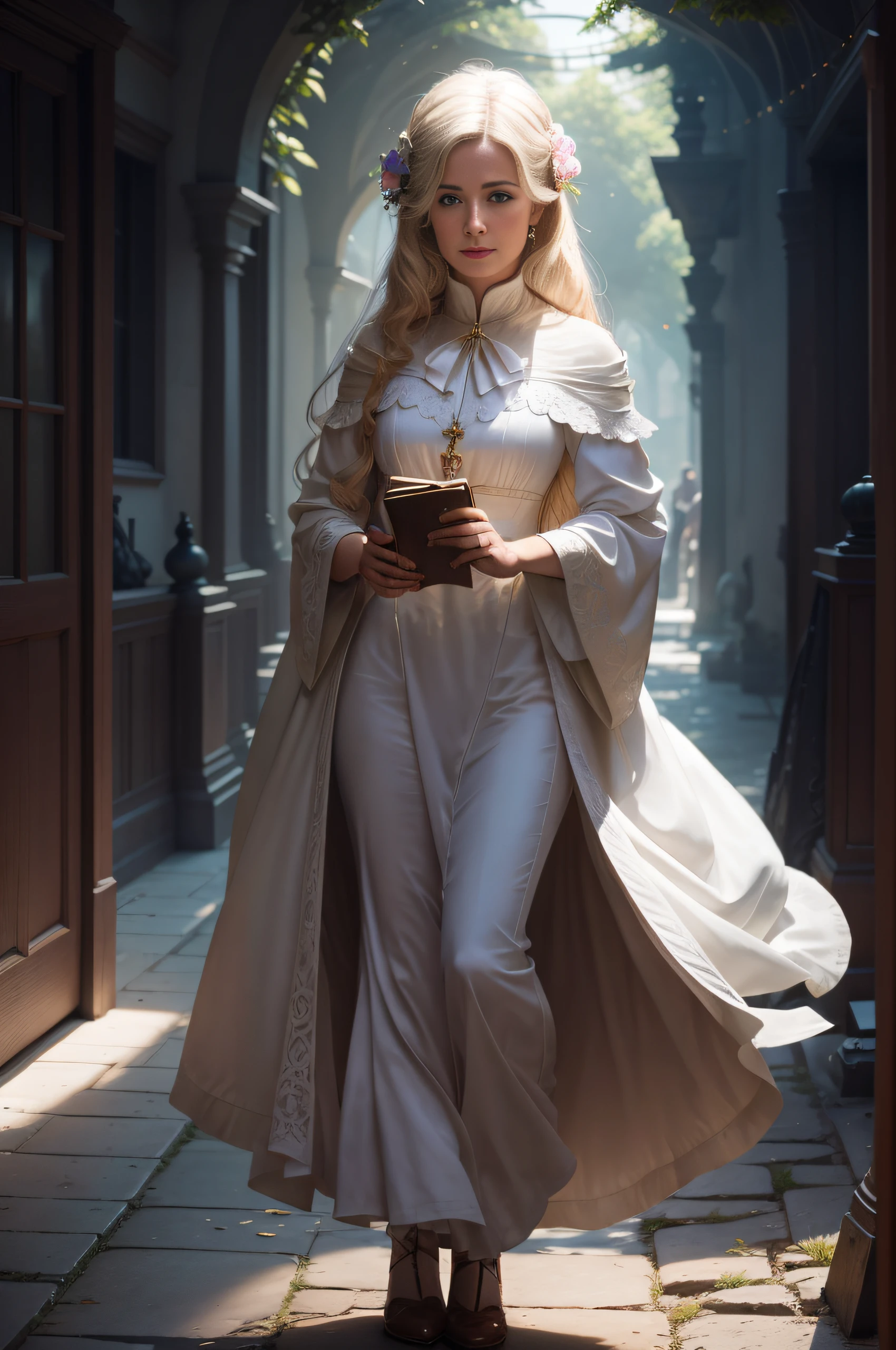 Blonde woman in white dress and cape holding a book in a dark alley, dressed as a clergyman, as a medieval fantasy character, inspired by Magali Villeneuve, pretty female cleric, inspired by the Master of the Legend of Saint Lucia, fantasy character photo, dressed in white robes, flowing white robes, a beautiful woman in white, female cleric, Elven Priestess
