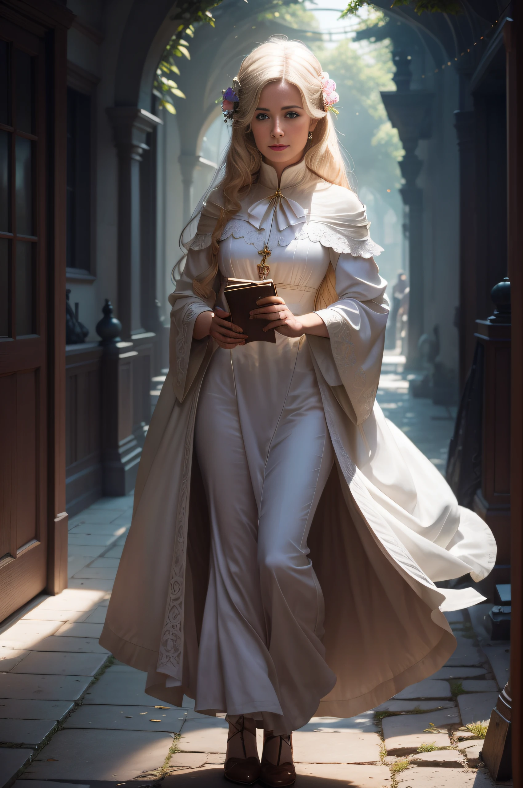 Femme blonde en robe blanche et cape tenant un livre dans une ruelle sombre, habillé en ecclésiastique, en tant que personnage médiéval fantastique, inspiré par Magali Villeneuve, pretty femme religieuse, inspiré par le Maître de la Légende de Sainte-Lucie, Photo de personnage fantastique, vêtu de robes blanches, robes blanches fluides, une belle femme en blanc, femme religieuse, prêtresse elfe