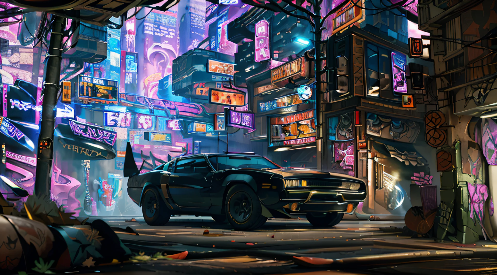 "Cyberpunk city, Nahaufnahme, futuristischer Dodge Charger, hoch aufragende Gebäude, lebendige Neonlichter, fesselnde Hologramme, ein rätselhafter Mann lehnt an einem Dodge Charger, geschmückt mit einer eleganten schwarzen Jacke, trägt eine Oni-Maske, Eine Waffe halten, mit einer Zigarette in der Hand, inmitten einer düsteren und heruntergekommenen Atmosphäre."