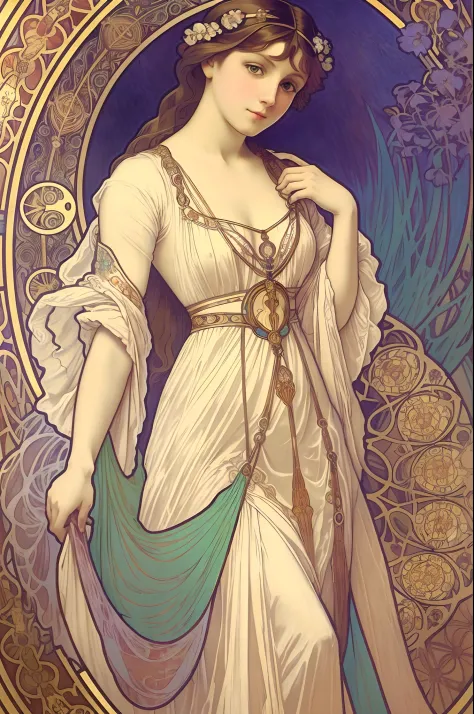 1girl, (art by Alfons Mucha), ((Best Quality, tmasterpiece)), Extreme detailing, 8K