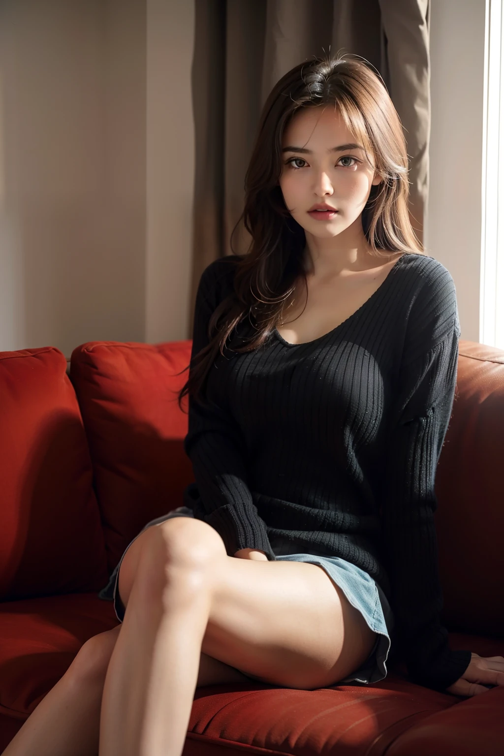 1girl in,Sitting on a cozy sofa,cross one's legs,Soft light、huge tit