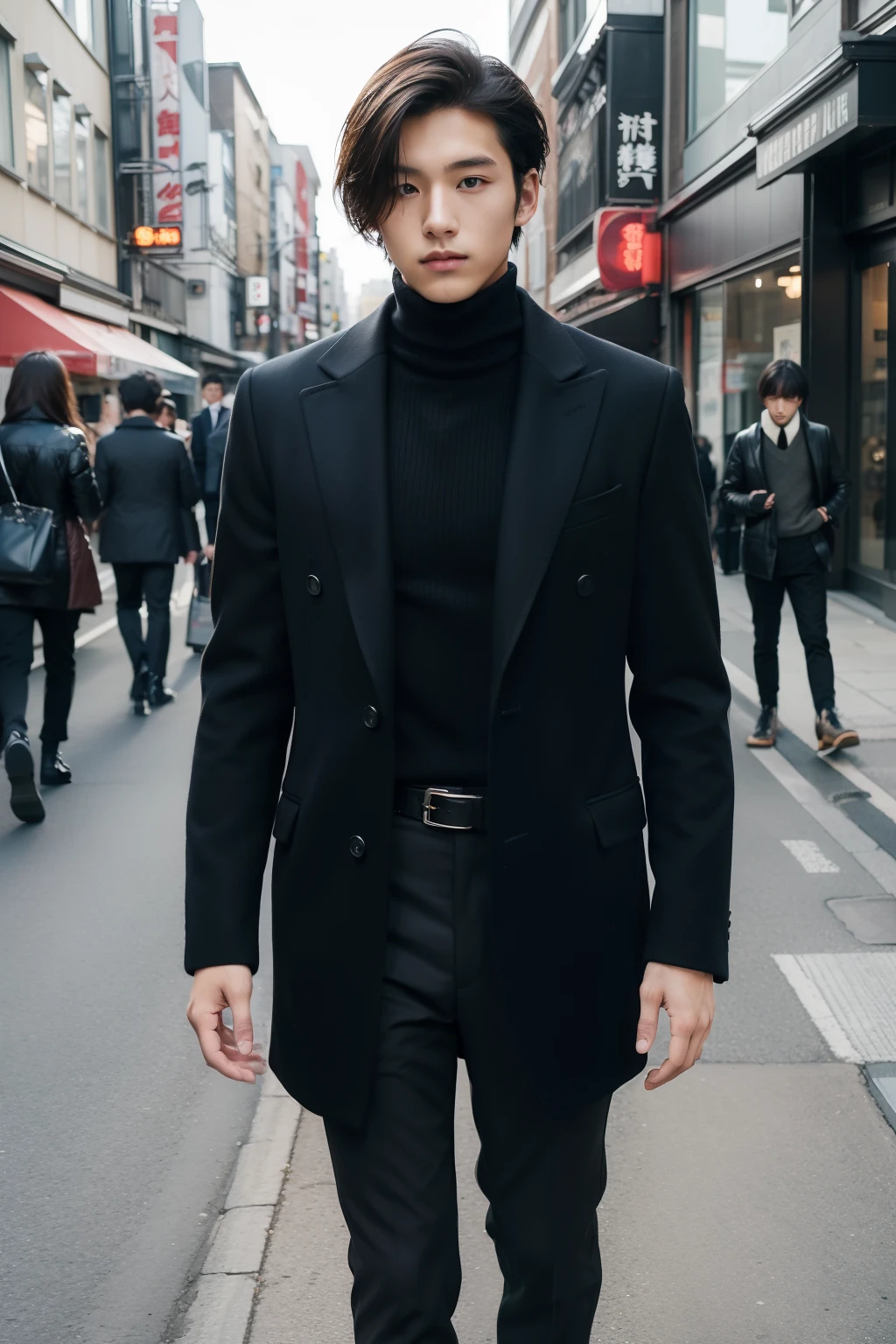 Retrato do estilo da rua do homem do Japão de 20 anos。 Para ternos sob medida de cores escuras adequados para o outono e inverno、Suéter de gola alta em camadas。Combine com botas de couro pretas que misturam negócios e estética de rua。o cabelo é bastante comprido、Um volume adequado para o outono e inverno está localizado no topo。