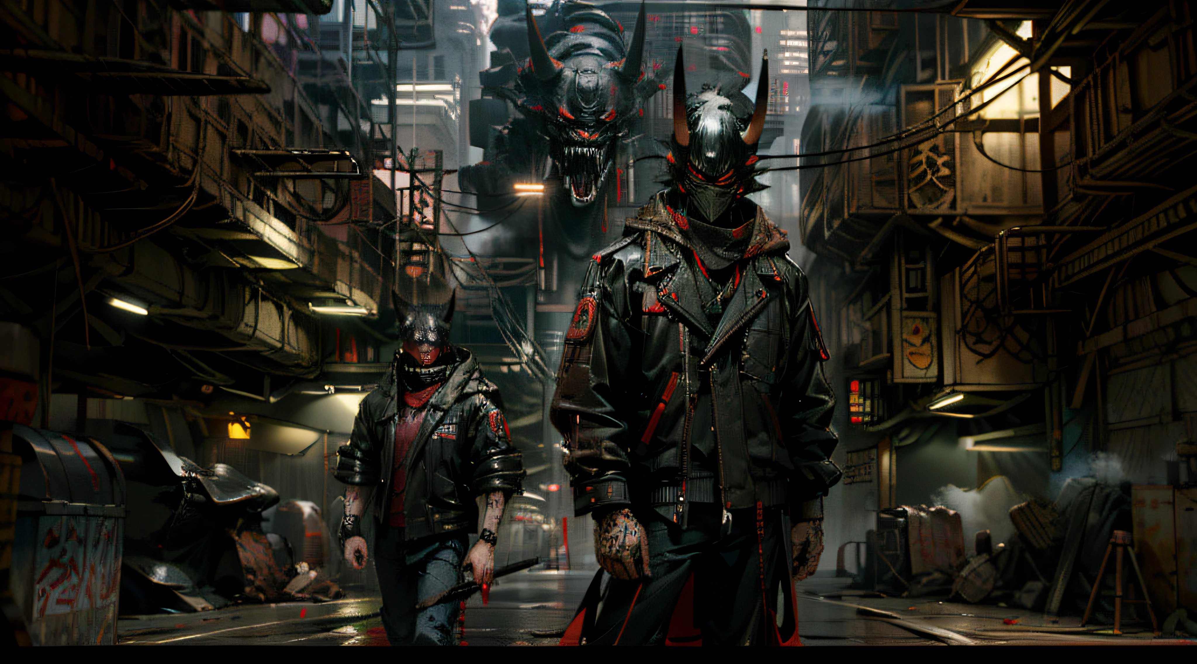 close-up: Uma figura misteriosa em uma longa jaqueta preta, usando uma máscara oni e segurando um vape, fica em uma rua nebulosa da cidade cyberpunk, exalando uma atmosfera corajosa.