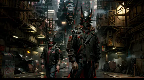 close-up shot: a mysterious figure in a long black jacket, wearing an oni mask and holding a vape, stands on a foggy cyberpunk c...