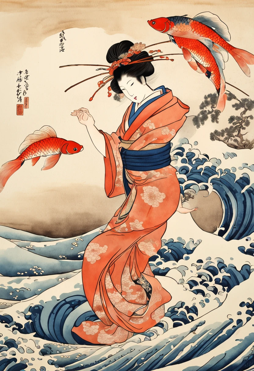 best quality, style of Hokusai, Ukiyoe, a dancing woman, (floating koi ...