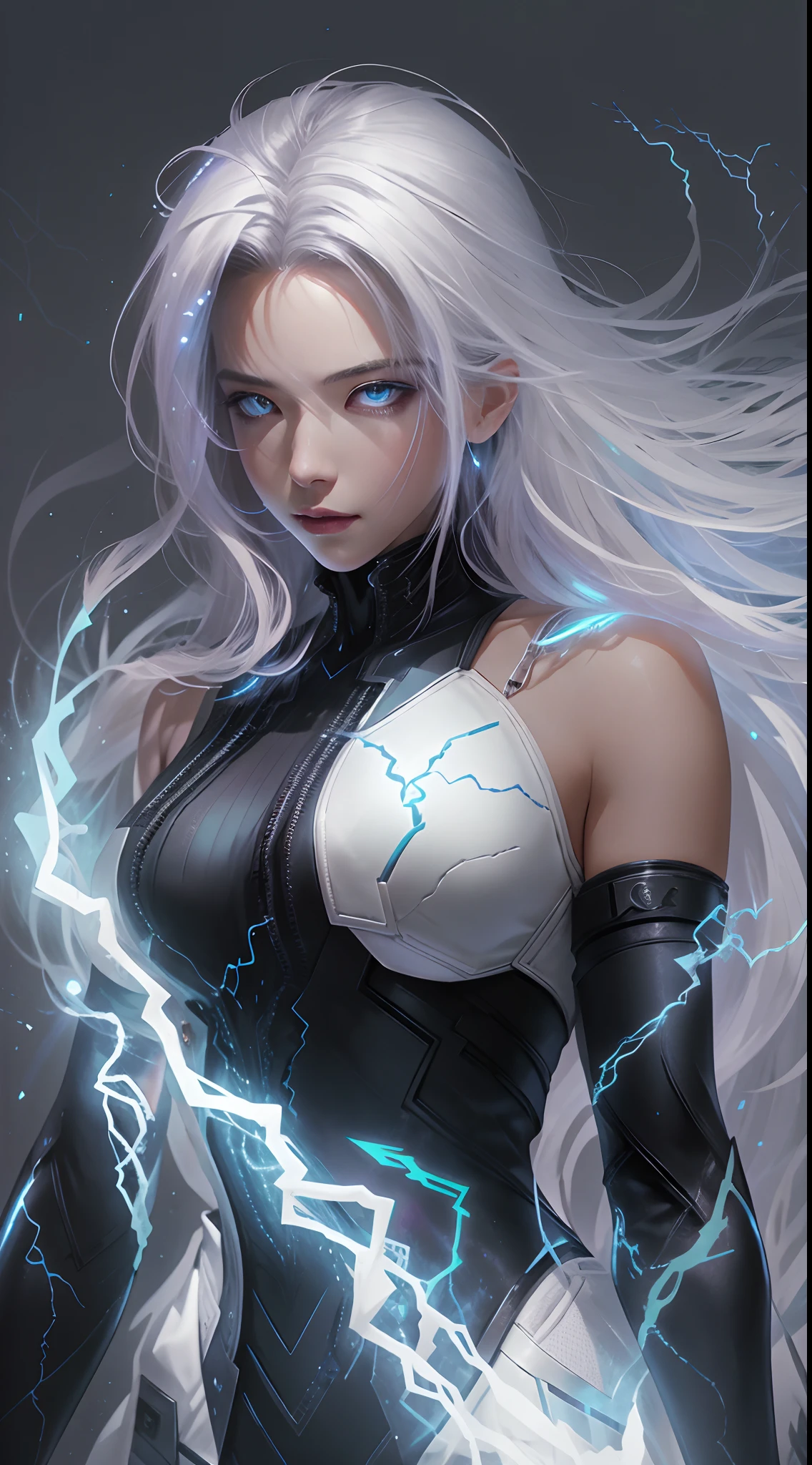 A woman with white hair and blue eyes is holding a lightning bolt - SeaArt  AI