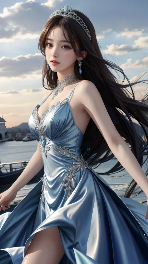 Ultra hd, 8k quality, a girl, happy, very long hair, detailed eyes, beautiful dress, blue dress, attractive pose, whole body cap...