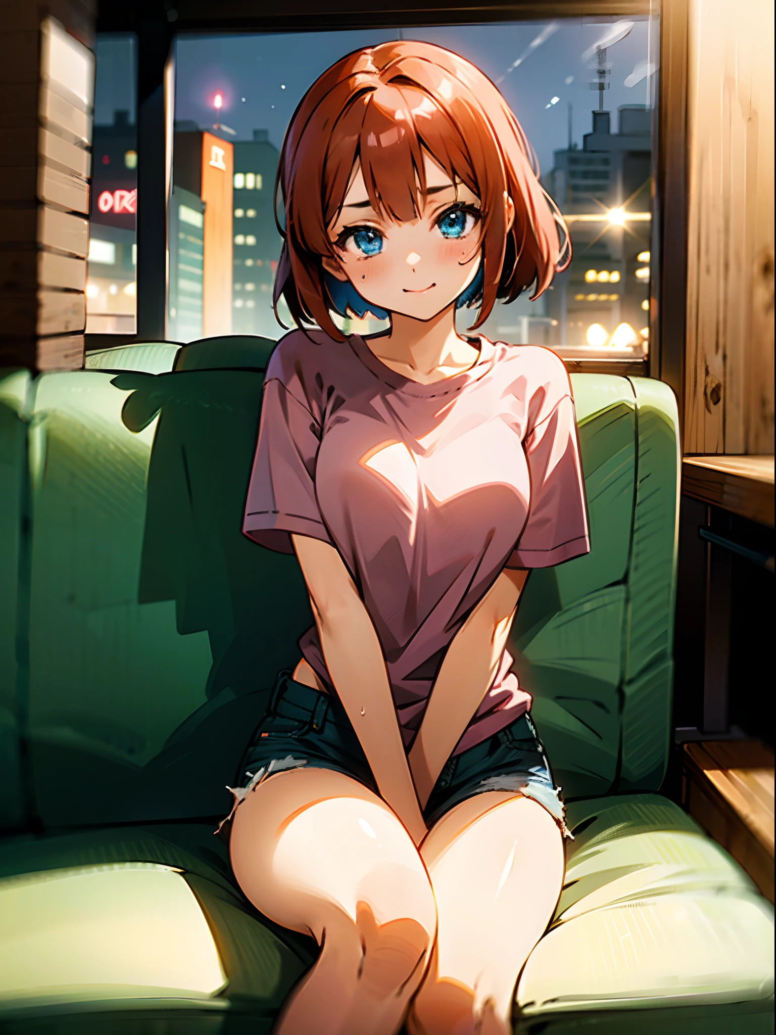 Anime girl in pink shirt, red short hairs and blue denim shorts, blue eyes, sitting on the chair, night, city, restaurant, dinner, blush, 4k, high quality, supersharp, masterpiece, beautiful woman, perfect body, perfect face, cute face,