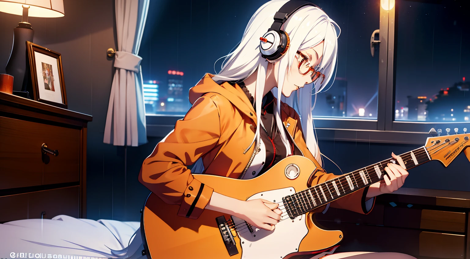 anime Frau, Gläser, weißes Haar, orangefarbene Augen, elektrische Gitarre, Sitzung, Jacke, Schlafzimmer, Kopfhörer, rote Gitarre, Seitenansicht, lange Haare, Nacht, Kerze, Regen, Einzelheiten