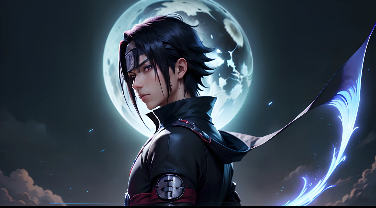 Haz un banner de sasuke uchiha solo mirando al ffrente con cielo oscuro ...