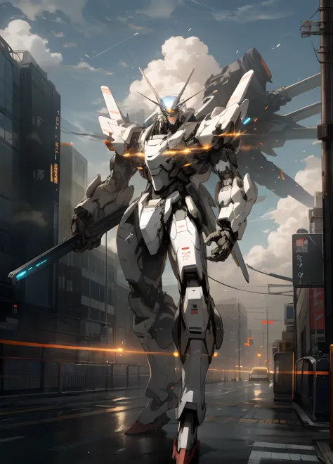 sky, cloud, holding_weapon, no_humans, glowing, , robot, building, glowing_eyes, mecha, science_fiction, city, realistic,mecha, full body, male, more detail face