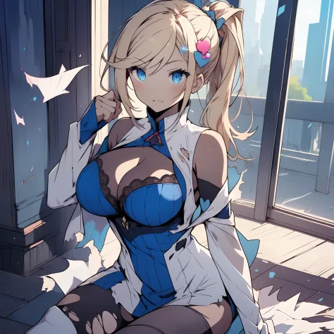 (torn_clothes:1.31), Minerva, 1girl, solo, blue eyes, large breasts, long hair, blonde hair, side ponytail. heart hair ornament, two-tone blue and white sleeveless dress, white detached sleeves past wrists, white thigh boots, cleavage_window, thigh_window,...