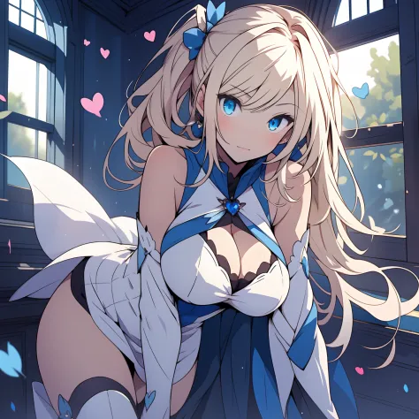 Minerva, 1girl, solo, blue eyes, large breasts, long hair, blonde hair, side ponytail. heart hair ornament, two-tone blue and white sleeveless dress, white detached sleeves past wrists, white thigh boots, cleavage_window, thigh_window,