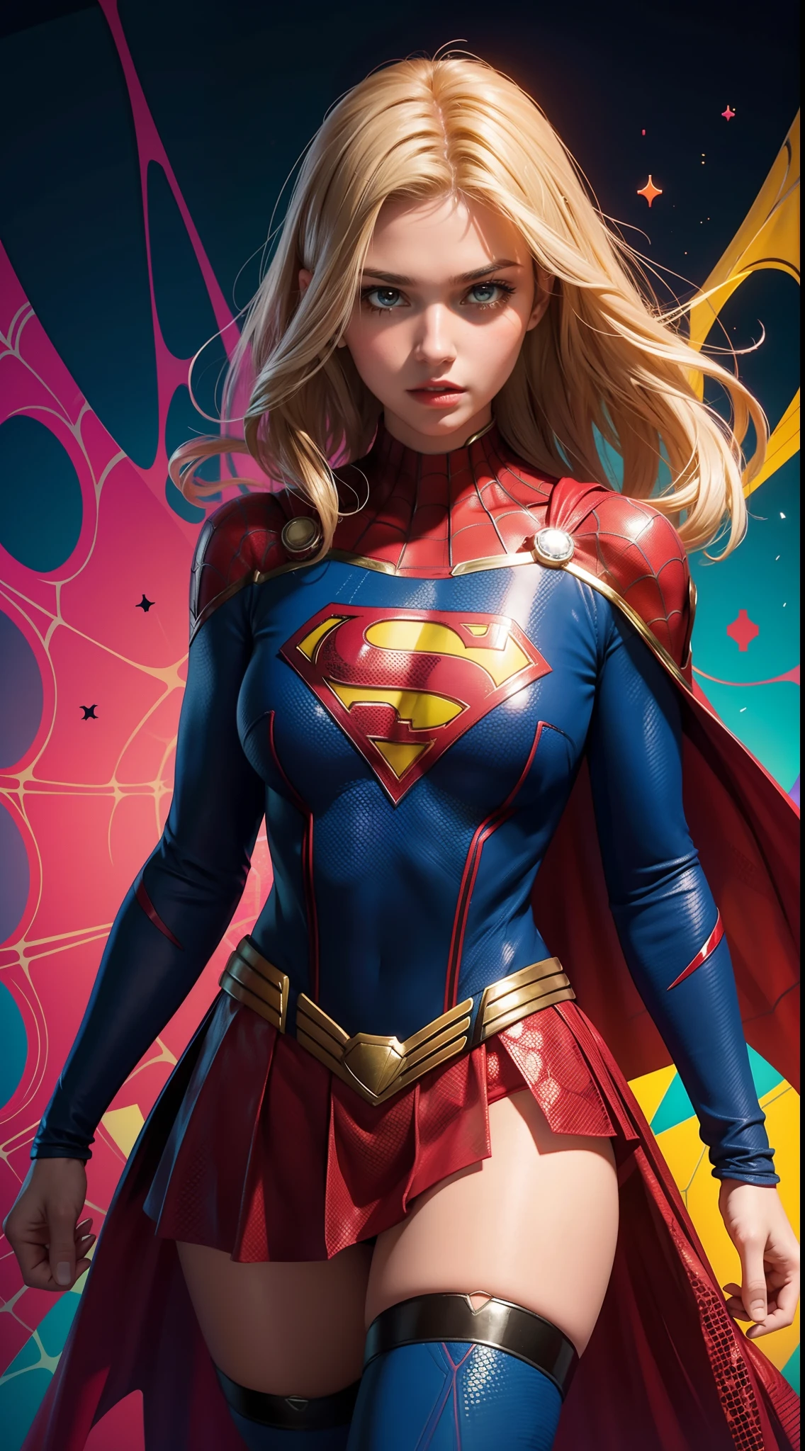 Supergirl à la manière de Spider-Man, chef-d&#39;œuvre, meilleure qualité, abstrait, psychédélique, néon, (motif en nid d&#39;abeille), (créatif:1.3), Sy3, SMM, fantaisie00d