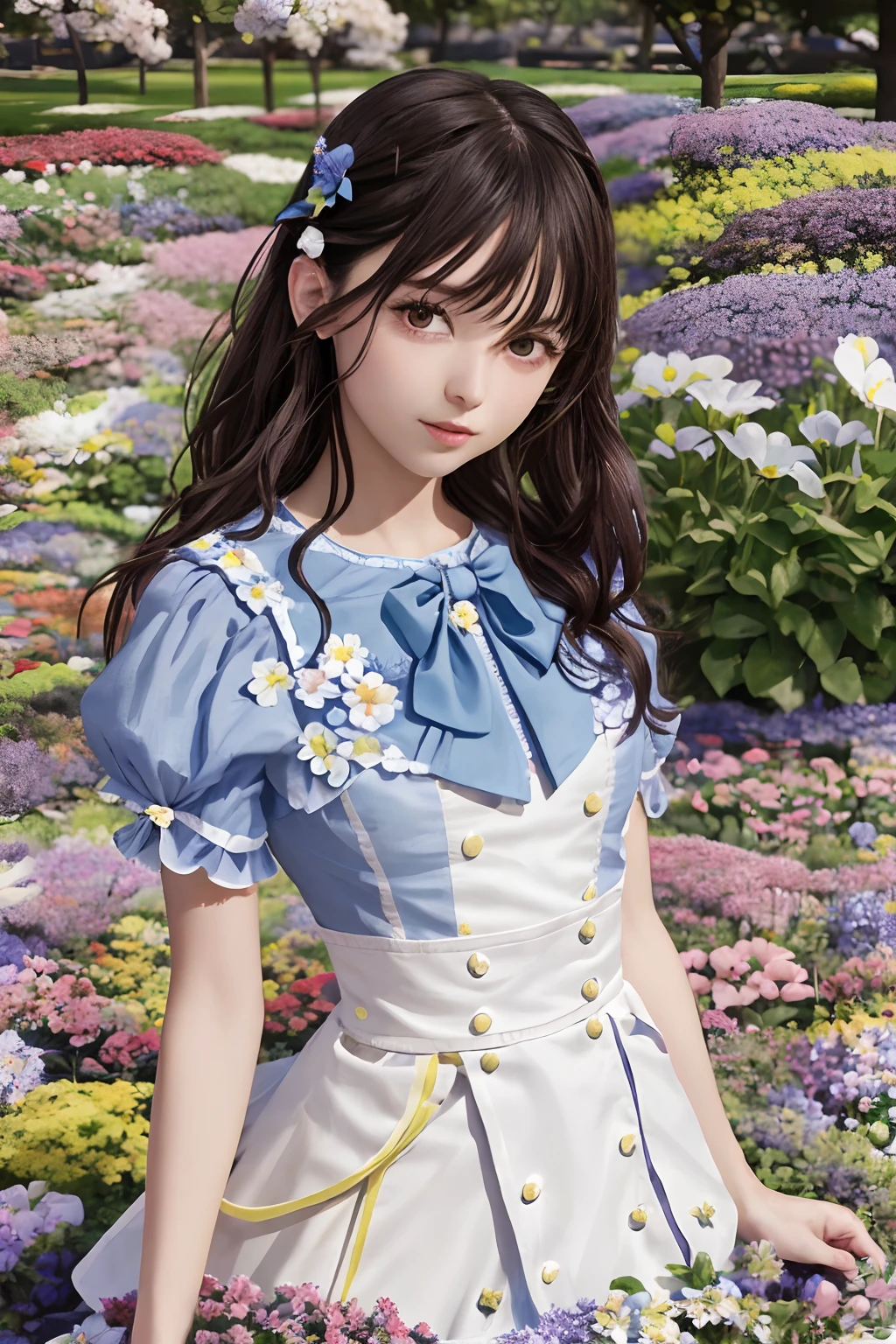 masterpiece, best quality, 1girl, nogizaka46, cowboy shot, flowers, many small petals, garden, blue sky, looking at viewer, small waist, ultra detailed, sharp focus, ultra realistic, cinematic lighting, dynamic lighting, facelight, incredibly absurdres, raw photo, official art,