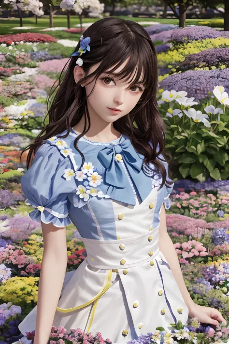 masterpiece, best quality, 1girl, nogizaka46, cowboy shot, flowers, many small petals, garden, blue sky, looking at viewer, smal...