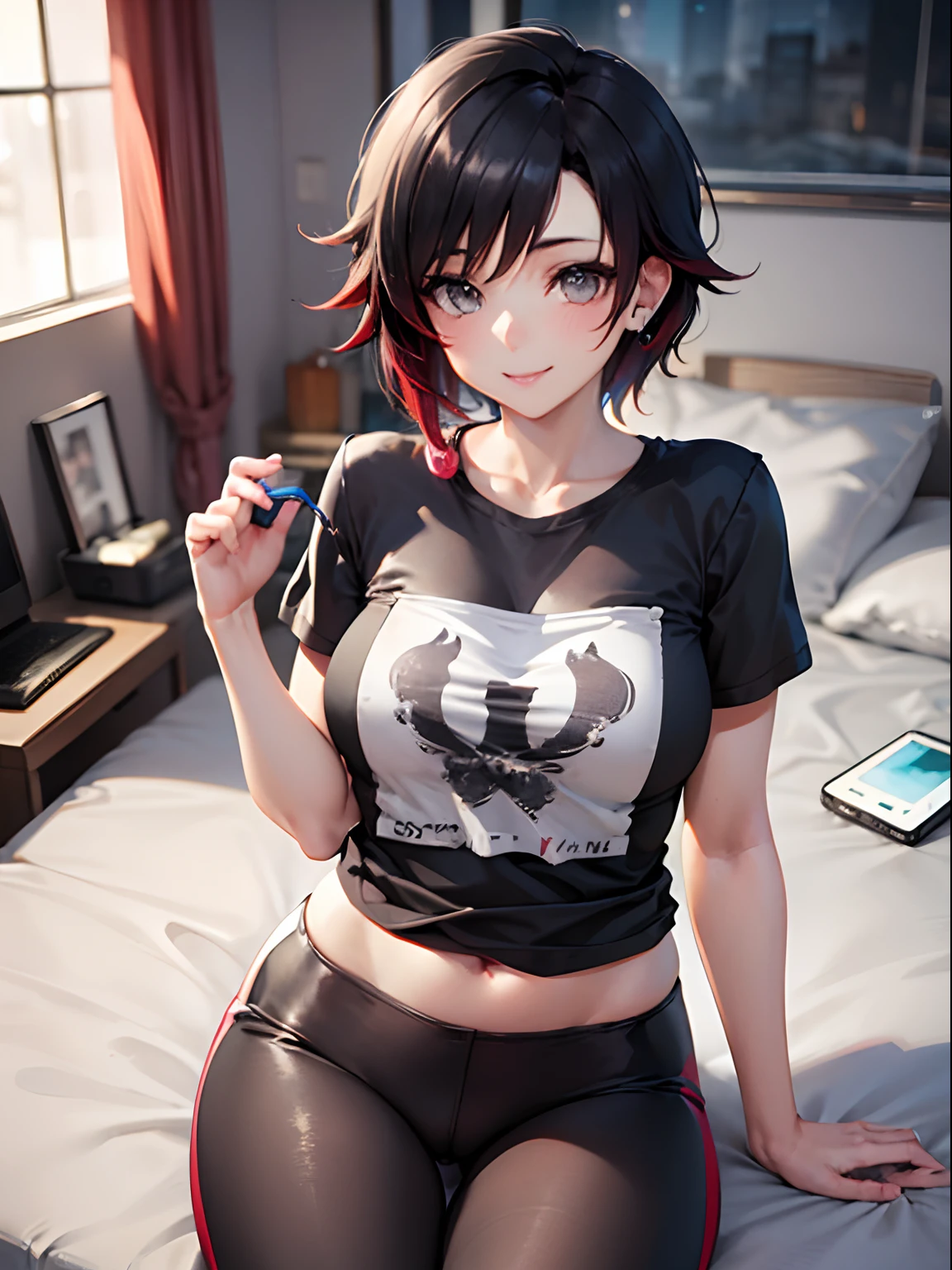 Anime girl with black hair and red hair sitting on a bed - SeaArt AI