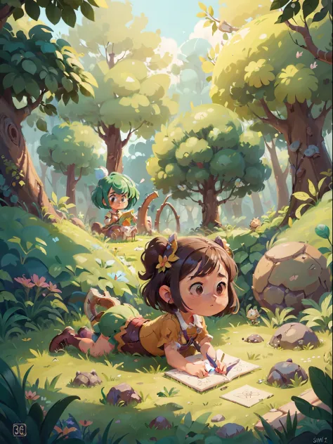 girl drawing in the garden, on her belly on the ground, fantasy world, very stylized character design, stylized character design, game character concept art, high quality character design, full character concept art, full character design, detailed full bo...