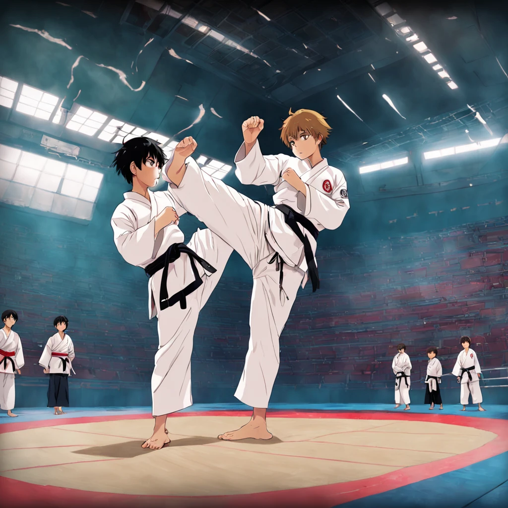 Anime characters in a karate ring with their feet in the air - SeaArt AI