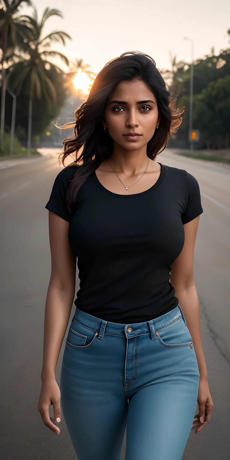 beautiful mature Indian college girl, in black basic round neck Teeshirt with skinny jeans, outside on road, full body visible, firm breasts, photorealistic, photo, masterpiece, realistic, realism, photorealism, high contrast, photorealistic digital art trending on Artstation 8k HD high definition detailed realistic, detailed, skin texture, hyper detailed, realistic skin texture, armature, best quality, ultra high res, (photorealistic:1.4),, high resolution, detailed, raw photo, sharp re, by lee jeffries nikon d850 film stock photograph 4 kodak portra 400 camera f1.6 lens rich colors hyper realistic lifelike texture dramatic lighting unrealengine trending on artstation cinestill 800,