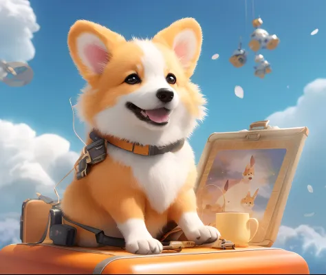 Alafed Corgi sits on a suitcase with a cup of coffee, cute corgi, corgi cosmonaut, animated movie still, Animated Movies, lovely digital painting, corgi with [ Angelic wings ]!!, governor, Cute detailed digital art, Corgi, 3 d animated movie, Animated Movi...