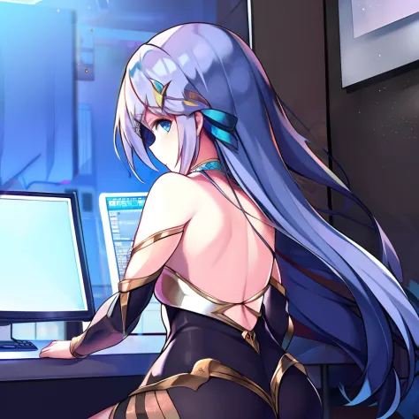 1girll,playgame,From behind,Large monitor,computer keyboard,backless