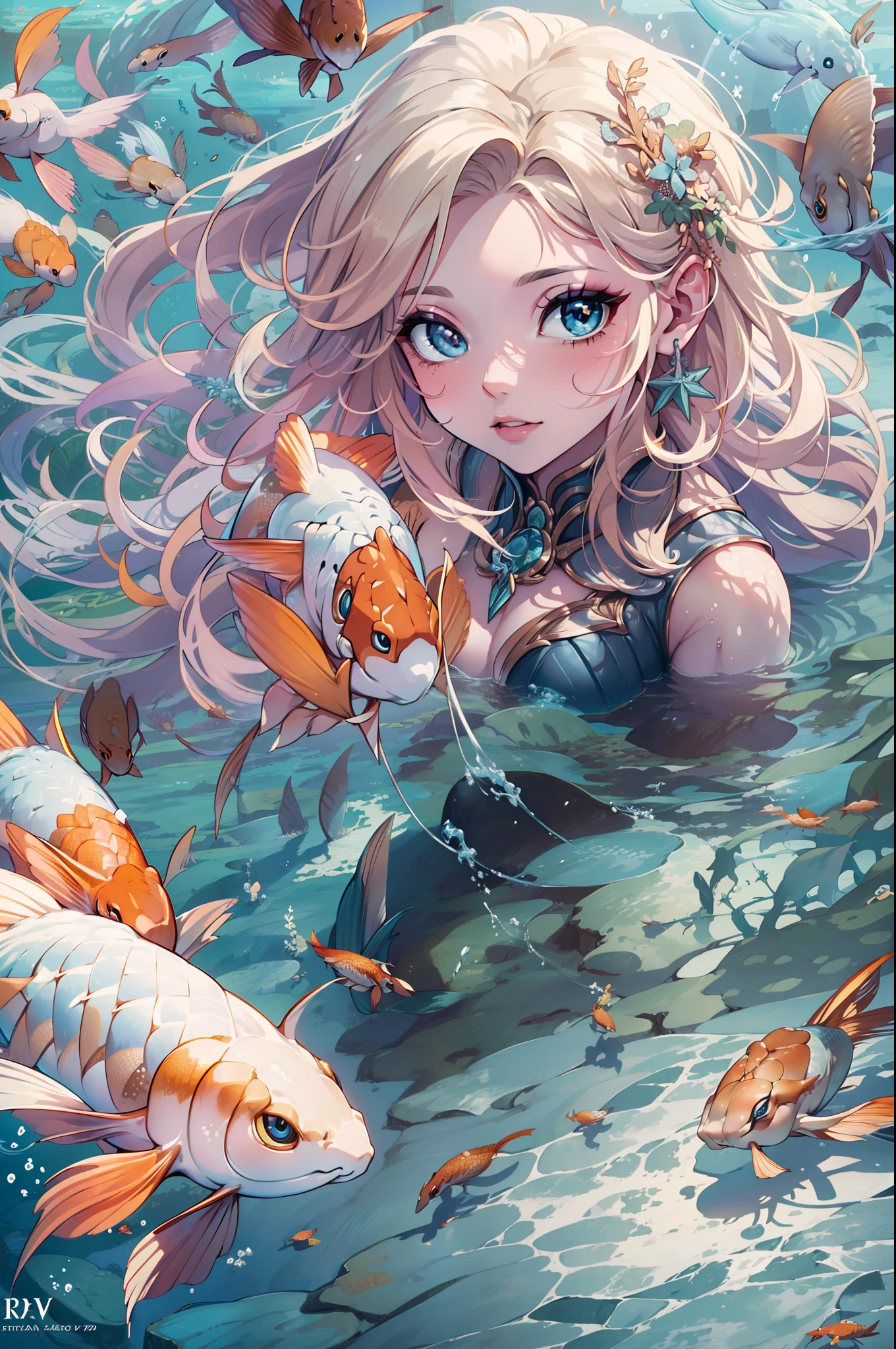 high details, best quality, 16k, RAW, [best detailed], masterpiece, best quality, (extremely detailed), full body, ultra wide shot, photorealistic, fantasy art, RPG art, D&D art, a picture of a mermaid swimming with koi fish under the sea, exqisite beautiful mermaid, ultra feminine (best details, Masterpiece, best quality), ultra detailed face (best details, Masterpiece, best quality), blond hair, pixie cut, blue eyes, white scales, undersea life, a [[flock of koi fish]] swimming (best details, Masterpiece, best quality) undersea background depths-fc, dim sun light from above High Detail, Ultra High Quality, High Resolution, 16K Resolution, Ultra HD Pictures, 3D rendering Ultra Realistic, Clear Details, Realistic Detail, Ultra High Definition