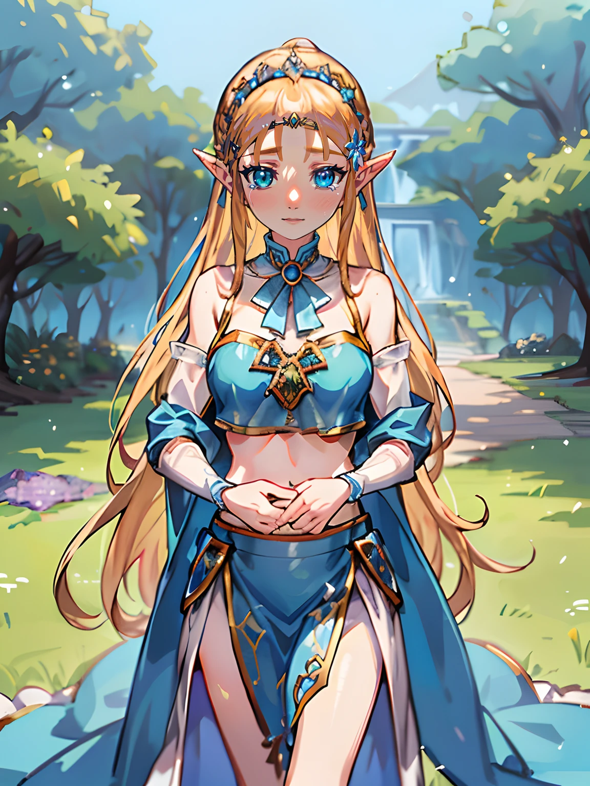 Princess Zelda of the Legend of Zelda: Tears of the Kingdom，Beautiful and quiet scene，Behind him is a sea of flowers，Princess Zelda of the Legend of Zelda: Tears of the Kingdom，Beautiful and quiet scene，Behind him is a sea of flowers，Slightly exposed navel and shoulders，There was a prairie behind her，Beautiful and charming。