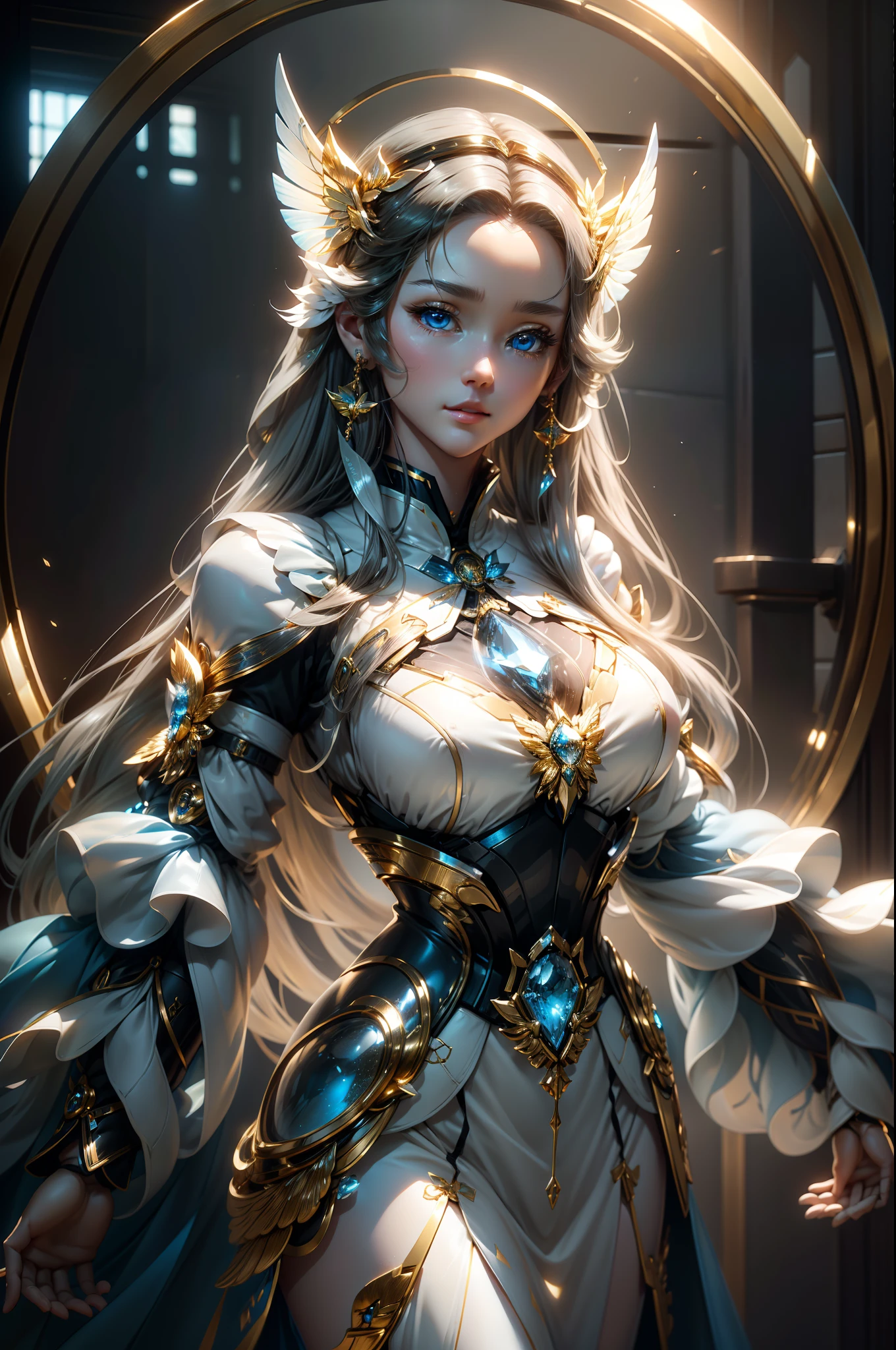 ８ｋ、ＨＤＲ，Beautiful and delicate black semi-long hair、Clear blue eyes、Beautiful lips with transparency、butterflys々Pure white choker in the shape of、Blue dress with chest exposed、Gold heart-shaped earrings、Silver Circlet、Female Android、Mechanical Doll