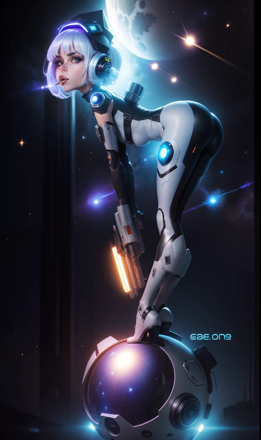 A woman in a futuristic suit with a gun on her head - SeaArt AI