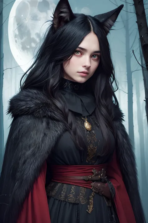 best quality, ultra-detailed, illustration, 1girl, black long hair, red eye, wolf ears, black mantle, fluffy collar, forest, moo...