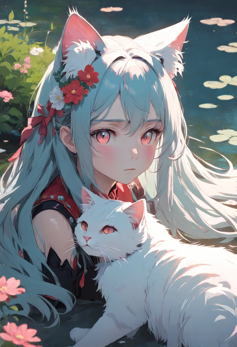 Anime girl with long white hair and blue eyes holding a white cat ...