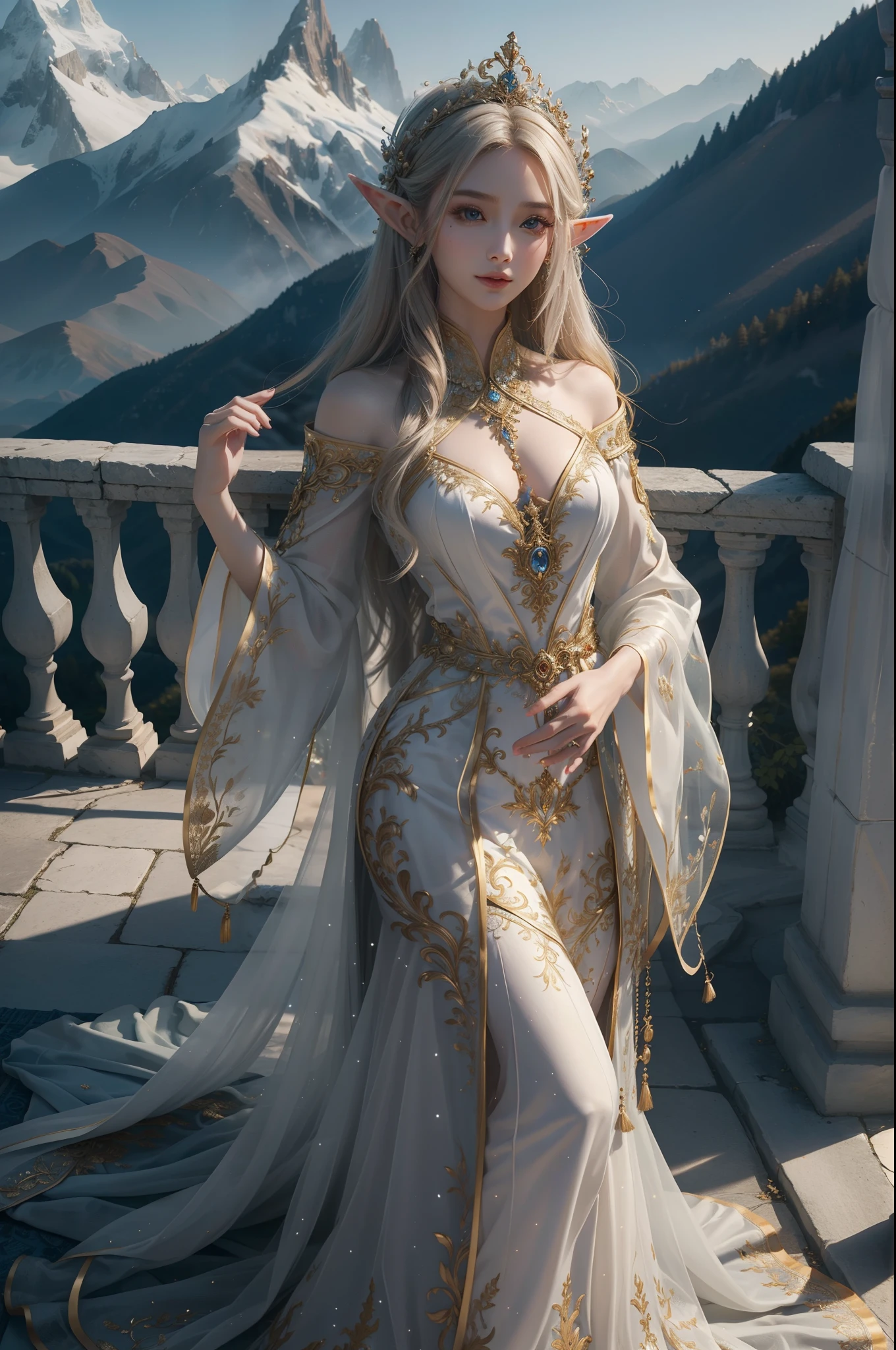 ((top-quality、​masterpiece、photographrealistic:1.4、8K))、Beautuful Women、Beautiful expression、extremely detailed eye and face、beatiful detailed eyes、（Mysterious and natural dresses、Dress with intricate and beautiful embroidery with golden thread on white fabric）、（A fantastic mountain behind a beautiful elf々and castles。Hair sways gracefully）、Cinematic lighting、Textured skin、Super Detail、high detailing、High quality、hight resolution、Looking at Viewer、Elegant smile、Full body、elfwide angle, intricate and beautiful elven city and castle in the mountains