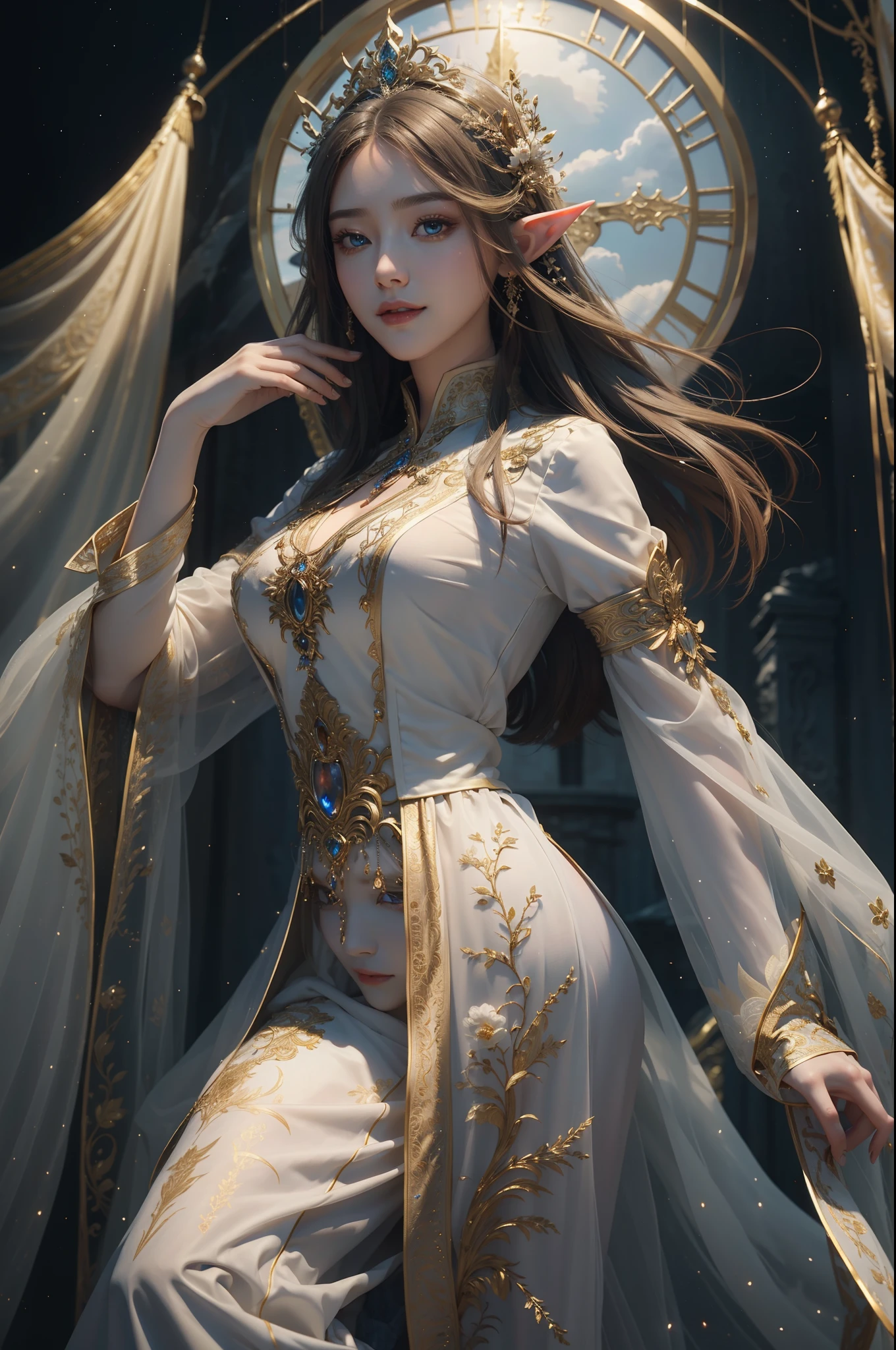 ((top-quality、​masterpiece、photographrealistic:1.4、8K))、Beautuful Women、Beautiful expression、extremely detailed eye and face、beatiful detailed eyeysterious and natural dresses、Dress with intricate and beautiful embroidery with golden thread on white fabric）、（A fantastic mountain behind a beautiful elf々and castles。Hair sways gracefully）、Cinematic lighting、Textured skin、Super Detail、high detailing、High quality、hight resolution、Looking at Viewer、Elegant smile、Full body、elfwide angle, intricate and beautiful elven city and castle in the mountains