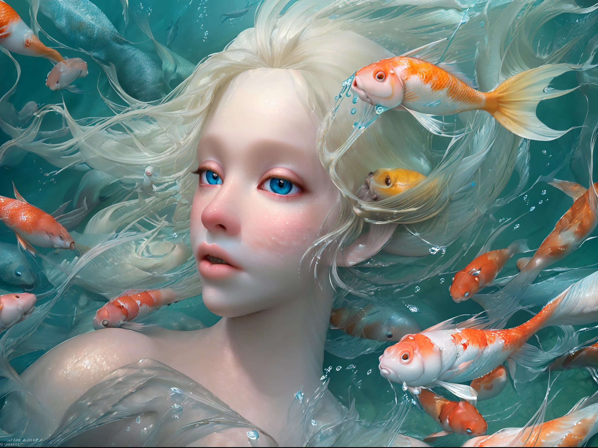 high details, best quality, 16k, RAW, [best detailed], masterpiece, best quality, (extremely detailed), full body, ultra wide shot, photorealistic, fantasy art, RPG art, D&D art, a picture of a mermaid swimming with koi fish under the sea, exqisite beautiful mermaid, ultra feminine (best details, Masterpiece, best quality), ultra detailed face (best details, Masterpiece, best quality), blond hair, pixie cut, blue eyes, white scales, undersea life, a flock of koi fish swimming (best details, Masterpiece, best quality) undersea background depths-fc, dim sun light from above High Detail, Ultra High Quality, High Resolution, 16K Resolution, Ultra HD Pictures, 3D rendering Ultra Realistic, Clear Details, Realistic Detail, Ultra High Definition