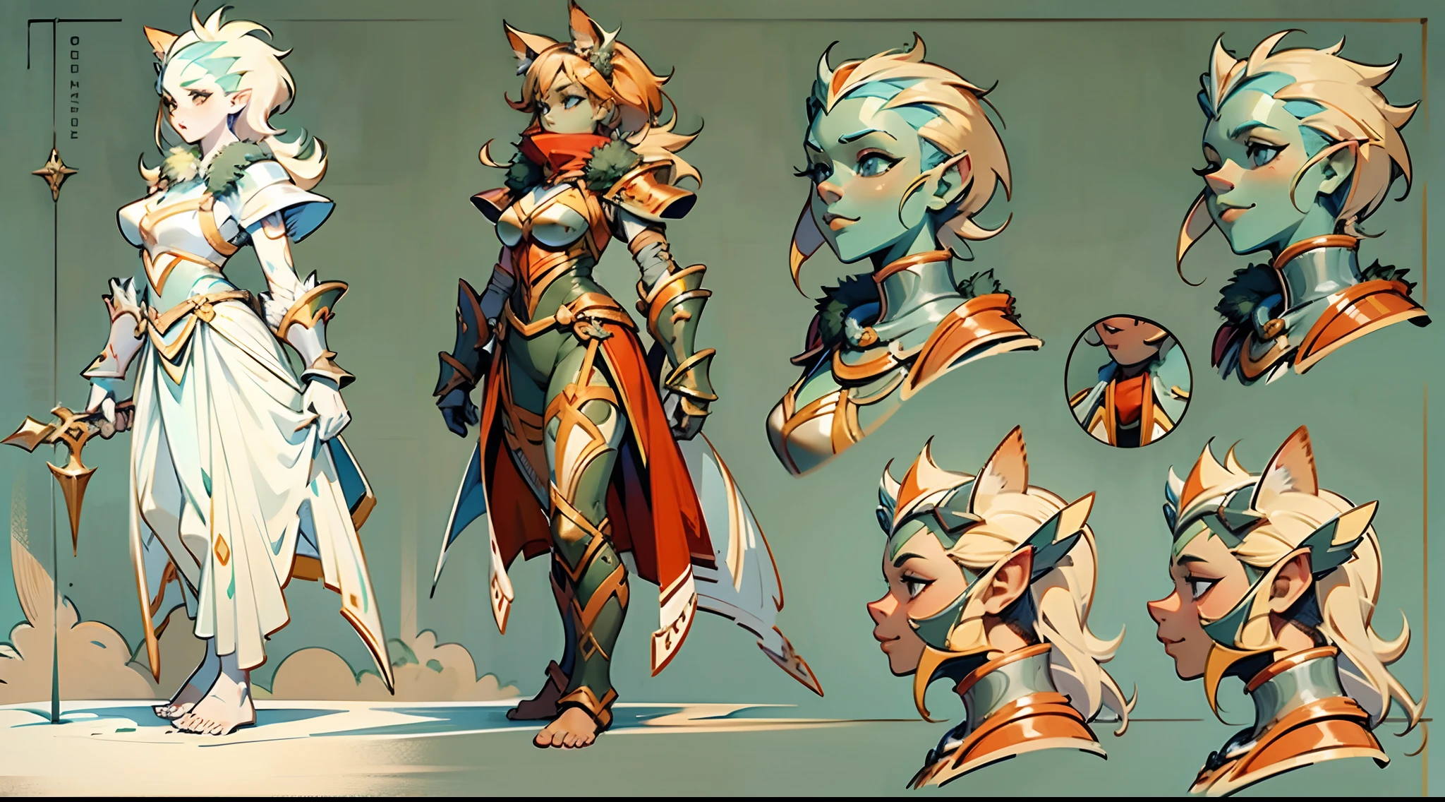 Game character standing drawing design，Disney animation，style of disney animation，Orc female，Cat-eared lady，Leather armor，Fur shoulders，Slim figure，The barefoot，Holding a red dagger，Different layers overlay，Different angles，（Back all over the body：1.4），solid color backdrop，clean backdrop，depth of fields，high light，Real light，Ray traching，OC renderer，UE5 renderer，Hyper-realistic，best qualtiy，8K，Works of masters，super-fine，Detailed pubic hair，Correct anatomy，